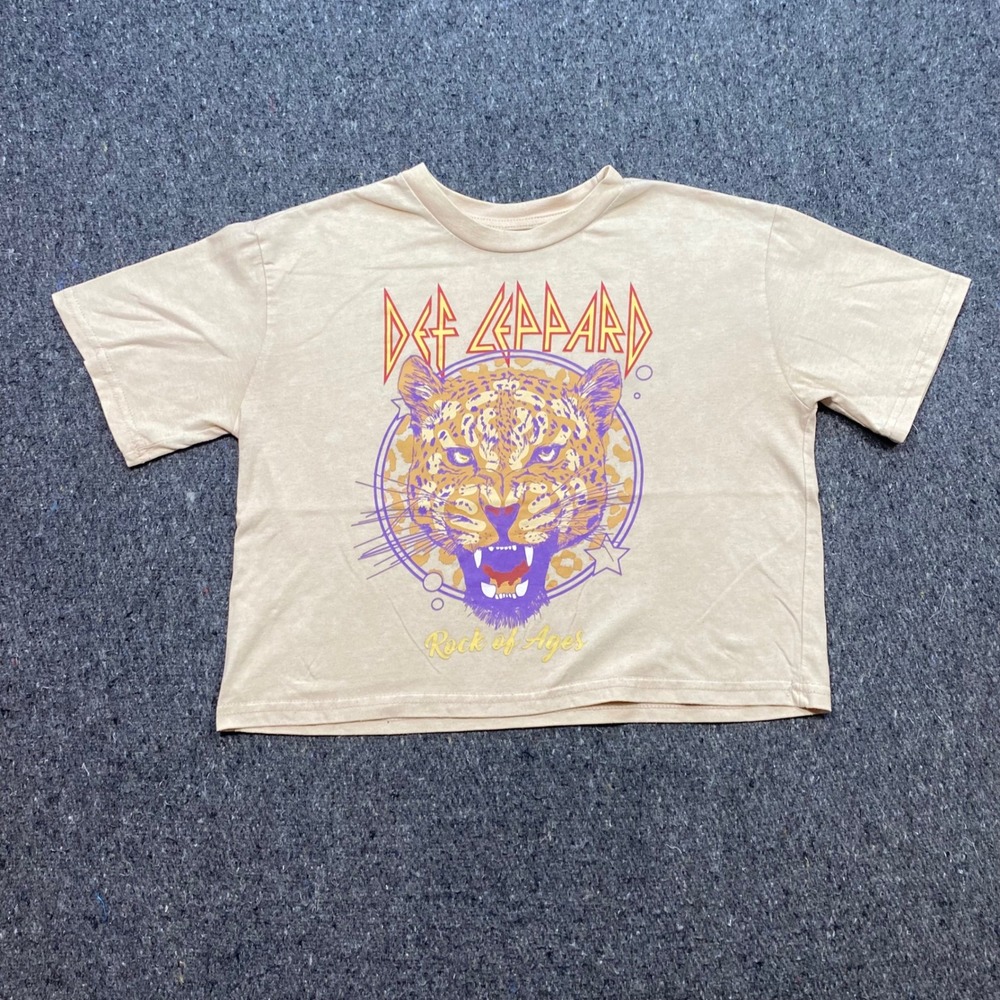 Def Leppard Rock of‎ Ages TShirt Sz S Womens Tan Retro Band Tee Leopard Graphic